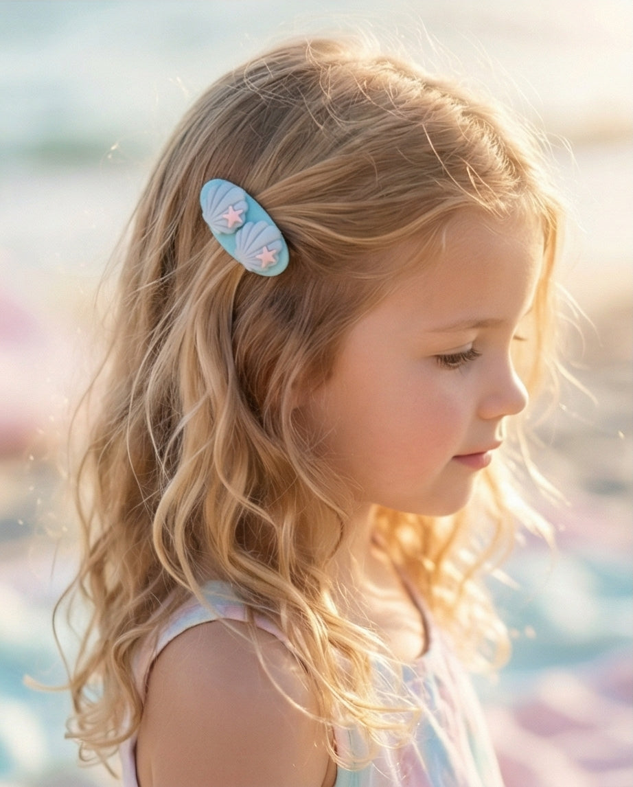 Young girl with a blue hair clip featuring starfish designs, standing outdoors with a blurred background.