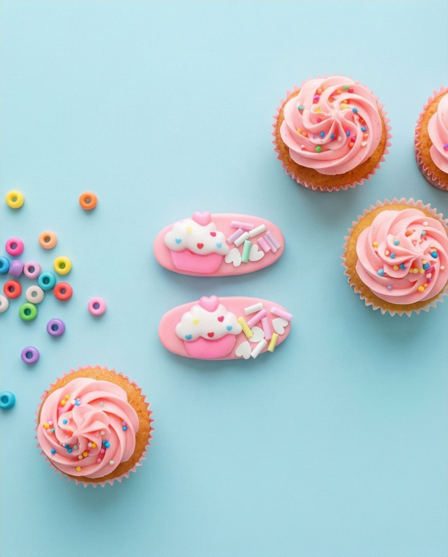 Pink cupcakes with sprinkles on a light blue background