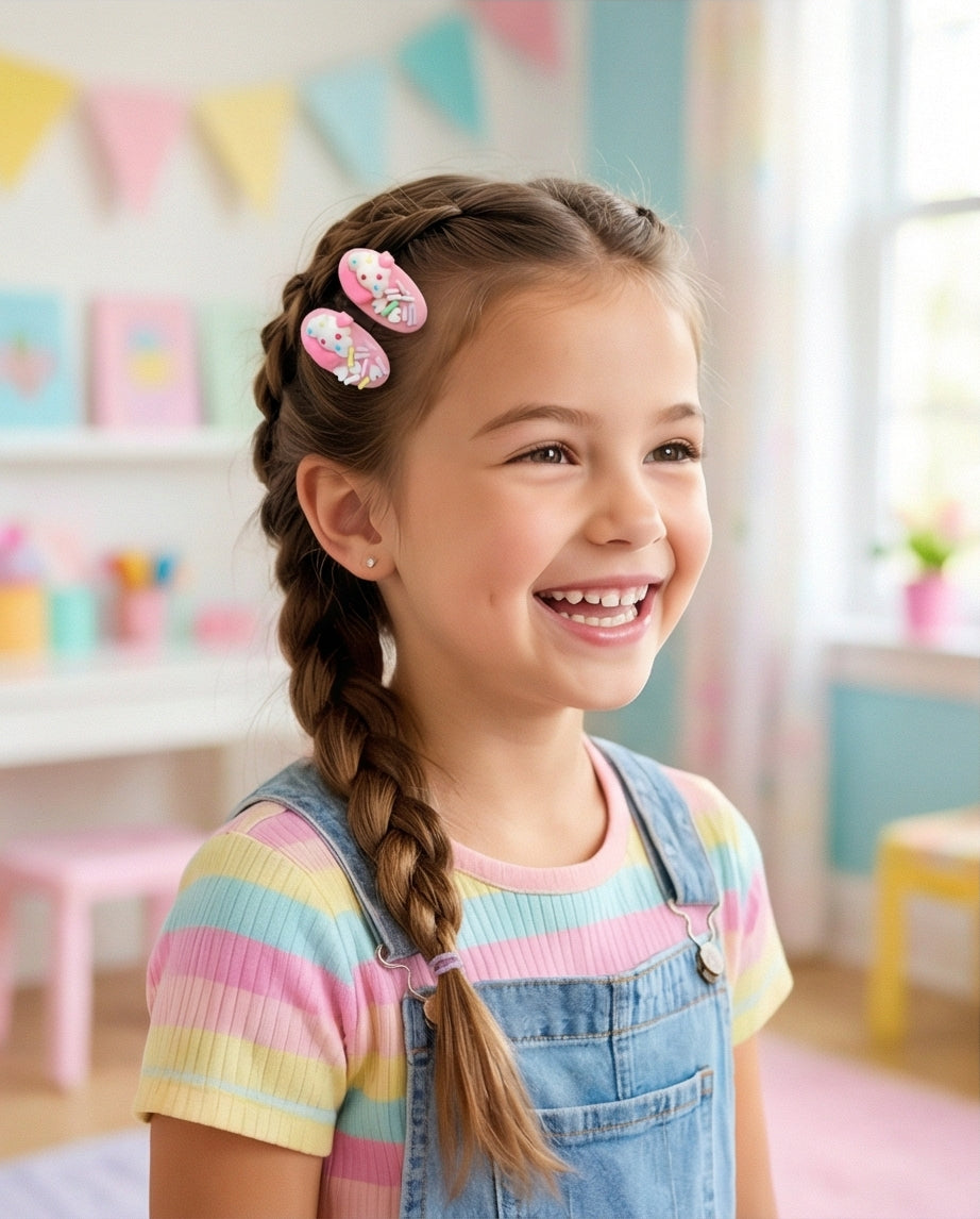 Young girl with braided hair and decorative hair clips in a colorful room.