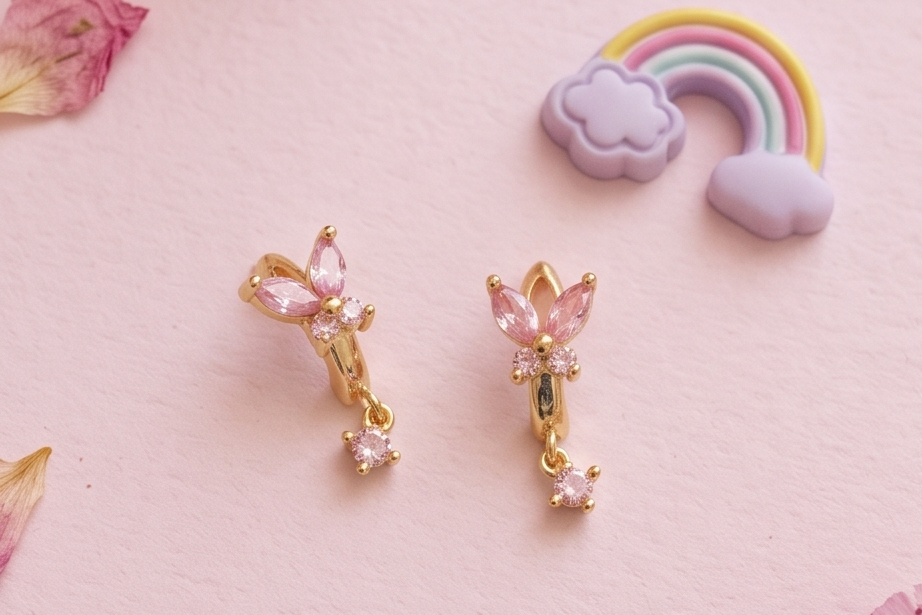 A pair of gold-toned butterfly stud earrings with pink rhinestone wings and dangling pink crystal charms, arranged on a pink background with decorative flower petals and a small rainbow charm.