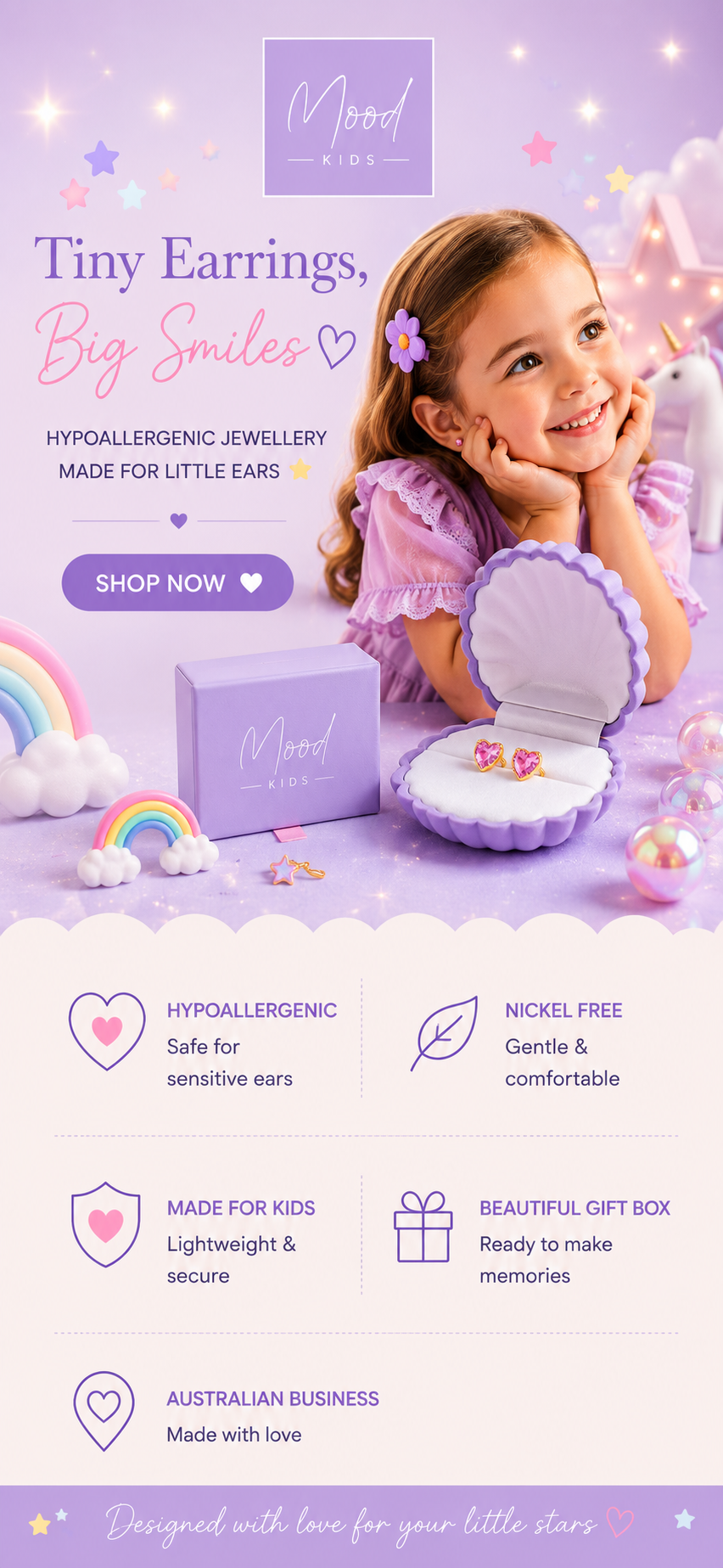 A promotional banner for 'Mood Kids' hypoallergenic tiny earrings. It features a young girl with a ponytail smiling next to an open lavender earring box containing a tiny purple earring, with a matching lavender jewelry box.