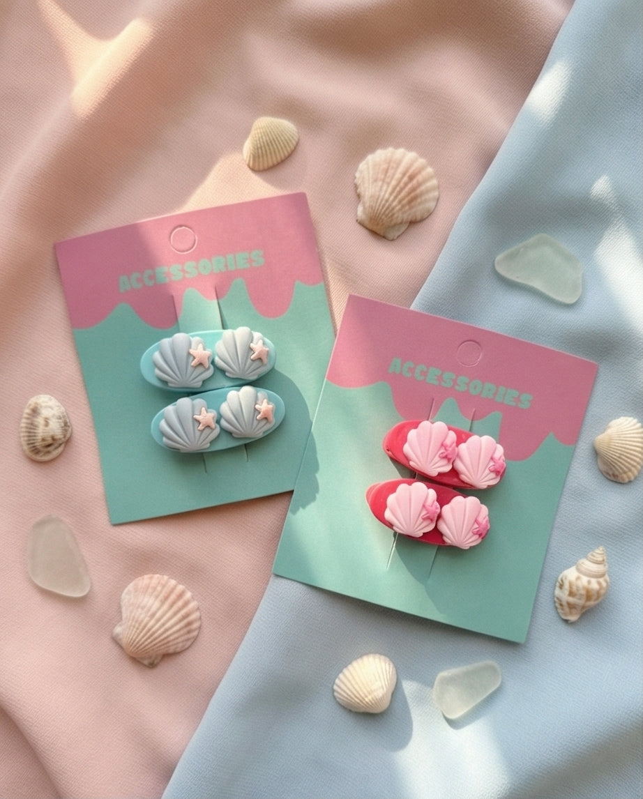 Two pairs of shell-shaped hair clips on pink and green cards with seashells around.