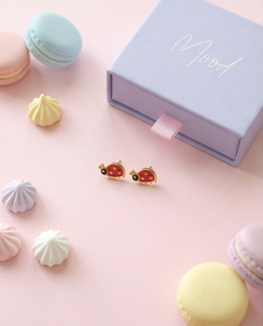 A pair of small ladybug stud earrings with red and yellow enamel details and gold-tone metal, displayed on a pastel pink background next to a lavender gift box with the word 'Mood' on it, surrounded by colorful macarons.