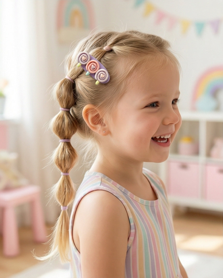 Child with braided hair in a colorful room with rainbow decorations