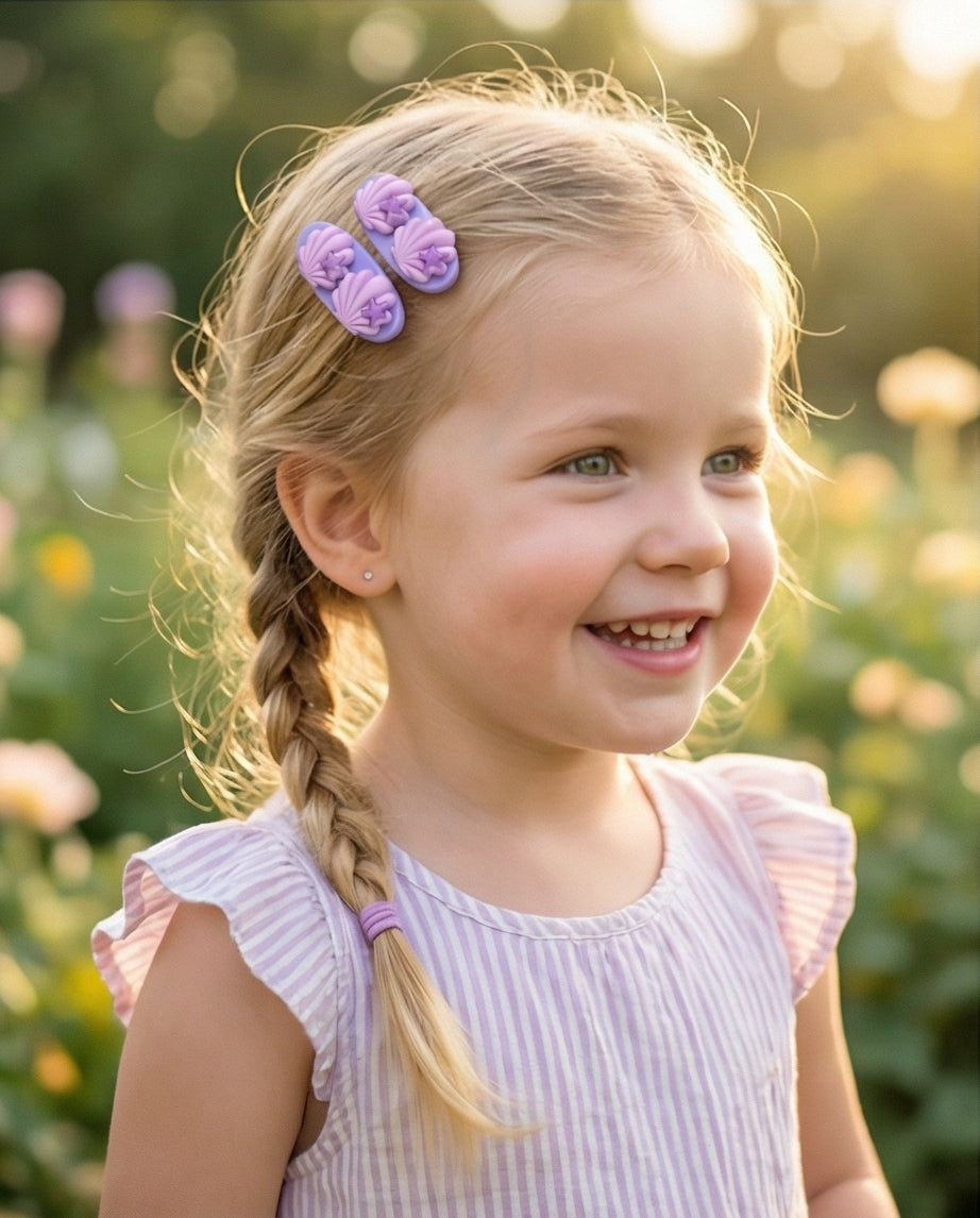 Young girl with braided hair and purple hair clips in a garden setting