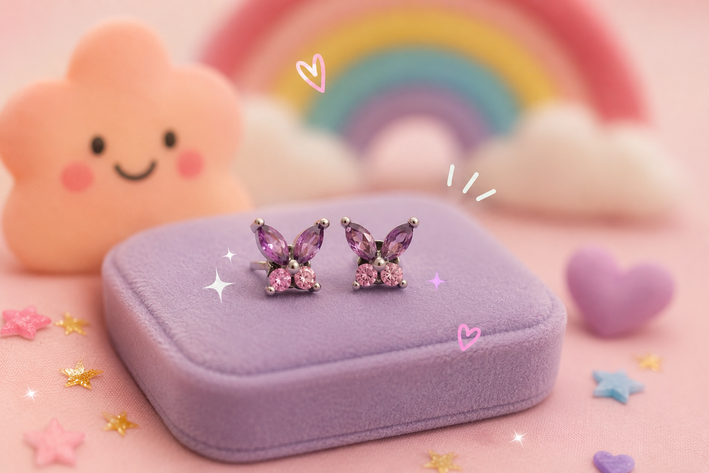 Girly Butterfly Kids Earrings - 18K White Gold Plated