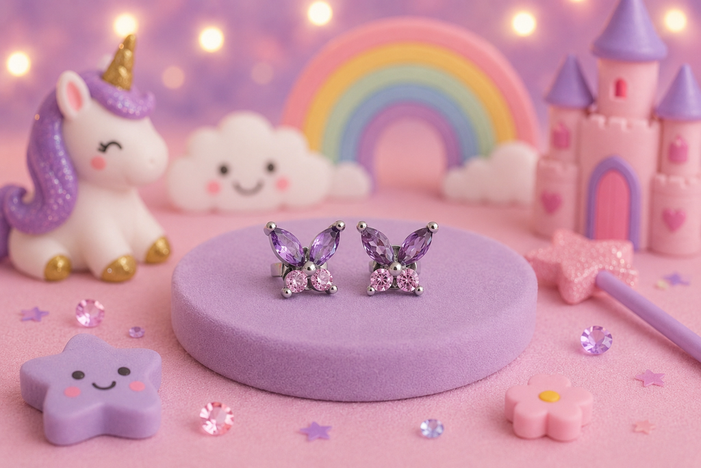 A pair of butterfly-shaped stud earrings with purple crystals and silver settings, displayed on a round purple pedestal. The background is a whimsical, pastel-themed scene featuring a unicorn, castle, rainbow, and stars.